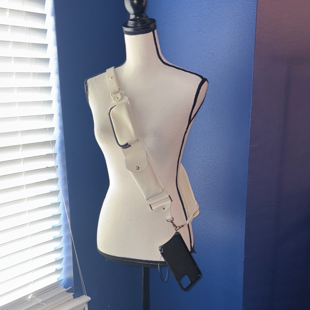 Bandolier White Leather Crossbody Phone Strap Bag with Black Phone Case
